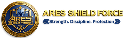 ARES Shield Force logo featuring a Spartan helmet inside a shield, rendered in metallic blue and bronze.
